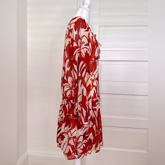 NWT Mango Suiting Red Floral V-Neck Sheer Long Sleeve Tunic Dress, Size 8 US - Picture 3 of 13